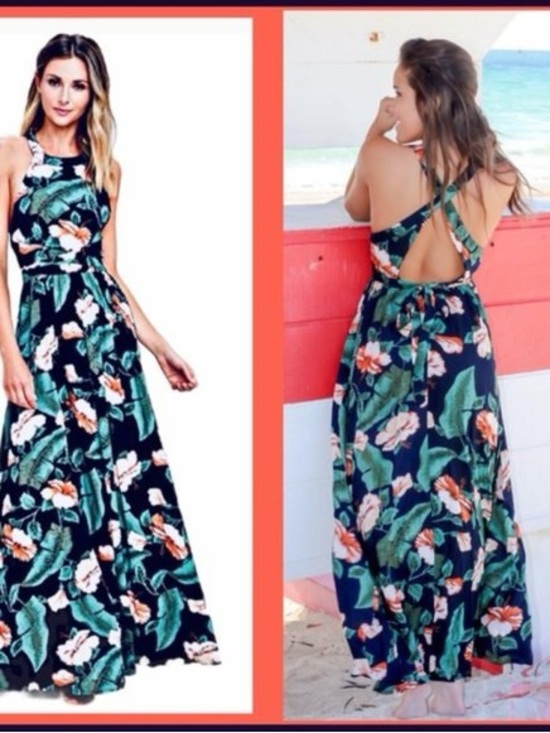 Lulus Dresses & Skirts - Lulu's Navy Tropical Floral Maxi Dress Crisscross Back Wedding Garden Party M